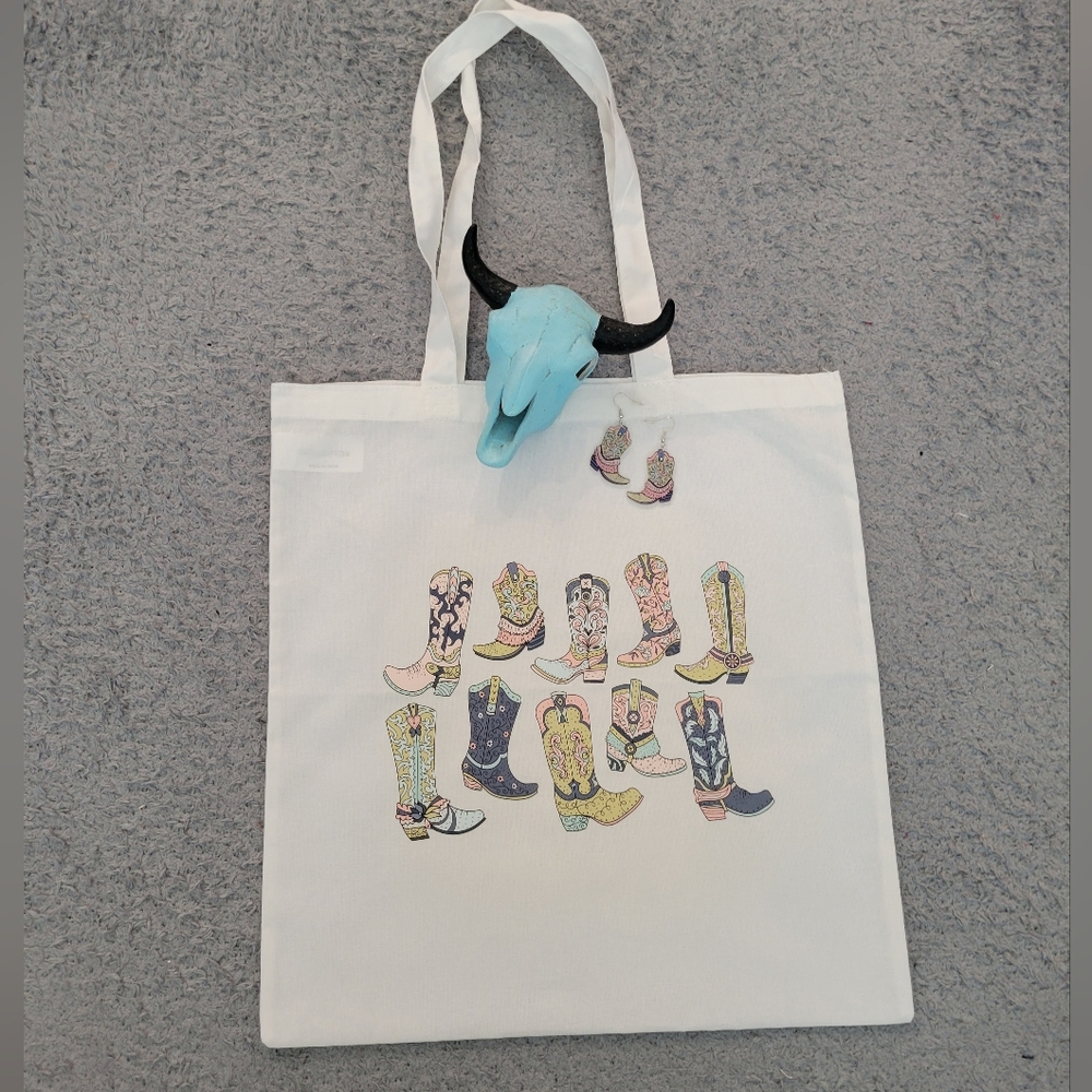 Western Cowgirl Boots Tote & Earrings Gift Set Rodeo Shopping Festival